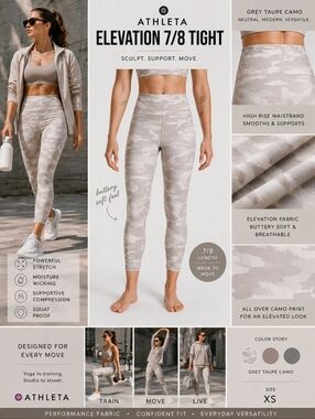 Athleta Elevation 7/8 Camo Tights Grey Taupe Camo XS